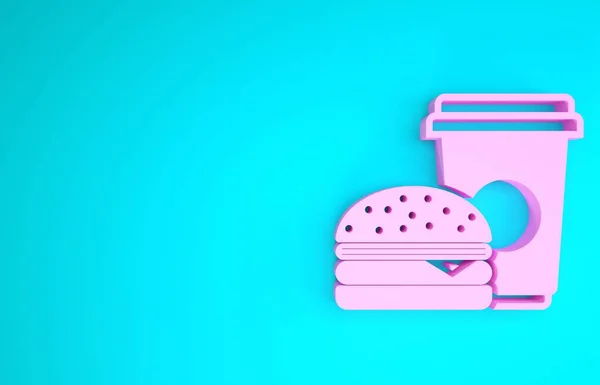 Pembe kahve ve hamburger ikonu mavi arka planda izole edilmiş. Fast food sembolü. Minimalizm kavramı. 3d illüstrasyon 3d canlandırma — Stok fotoğraf