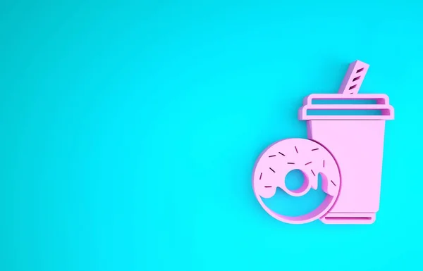 푸른 배경에는 빨대와 도넛 아이콘이 붙어 있는 분홍색 탄산 음료를 마신다. 패스트 푸드 상징. 최소성 개념. 3D 일러스트 3D 렌더링 — 스톡 사진