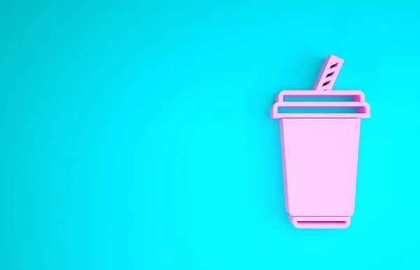 파란색 배경에 물 아이콘 이 있는 분홍색 유리입니다. 탄산 음료 잔에 짚을 탄 음료. 시원 한 음료의 상징. 최소성 개념. 3D 일러스트 3D 렌더링 — 스톡 사진