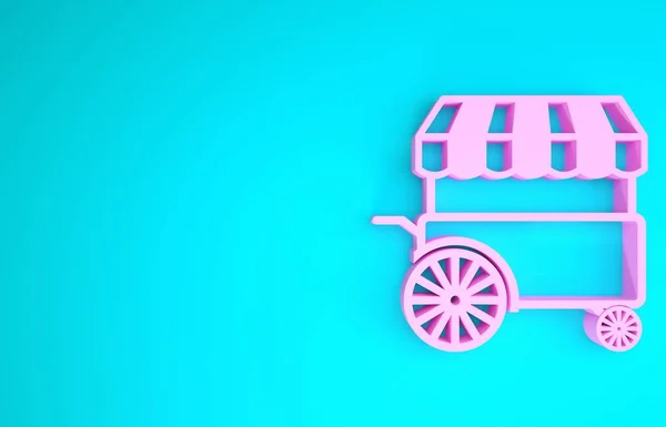 Rosafarbener Streetfood-Wagen mit Markisensymbol auf blauem Hintergrund. Stadtkiosk. Minimalismus-Konzept. 3D Illustration 3D Renderer — Stockfoto