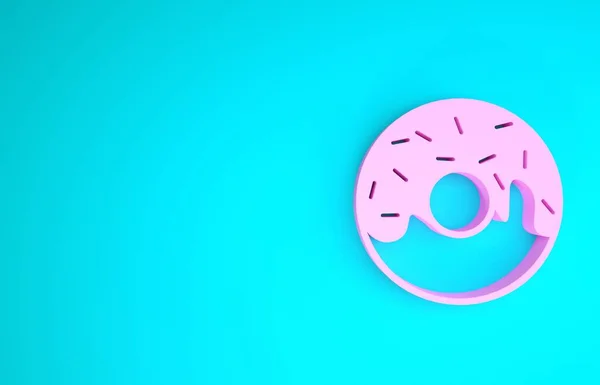 Ροζ ντόνατ με γλυκό γλάσο εικονίδιο απομονώνονται σε μπλε φόντο. Μινιμαλιστική έννοια. 3d απεικόνιση 3D καθιστούν — Φωτογραφία Αρχείου