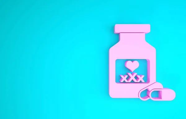 Frasco de medicina rosa com pílulas para a potência, ícone afrodisíaco isolado no fundo azul. Pílulas sexuais para homens e mulheres. Conceito de minimalismo. 3D ilustração 3D render — Fotografia de Stock