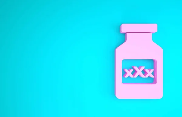 Rosa Medizinflasche mit Potenzpillen, Aphrodisiakum-Symbol auf blauem Hintergrund. Sex-Pillen für Männer und Frauen. Minimalismus-Konzept. 3D Illustration 3D Renderer — Stockfoto