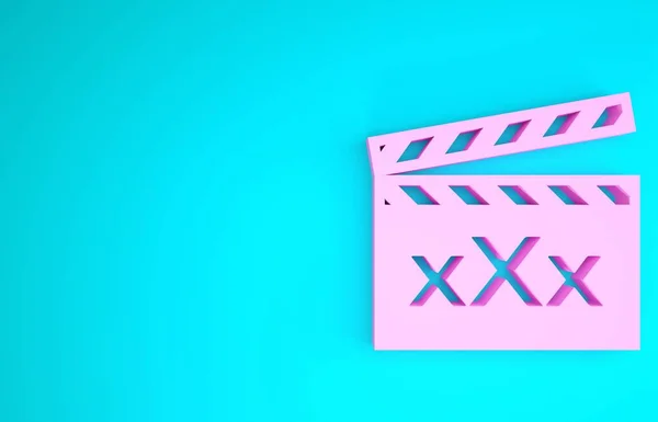 Frappeur de film rose avec inscription XXX icône isolée sur fond bleu. Un symbole de restriction d'âge. 18 + signe de contenu. Chaîne adulte. Concept de minimalisme. Illustration 3D rendu 3D — Photo