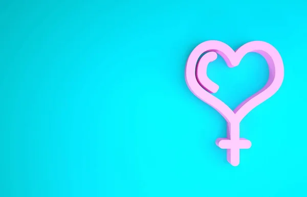 Rosa Símbolo de género femenino e icono del corazón aislado sobre fondo azul. Símbolo Venus. El símbolo de un organismo femenino o una mujer. Concepto minimalista. 3D ilustración 3D render — Foto de Stock