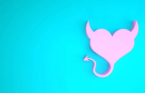 Pink Devil heart with horns and a tail icon isolated on blue background. Valentines Day symbol. Minimalism concept. 3d illustration 3D render