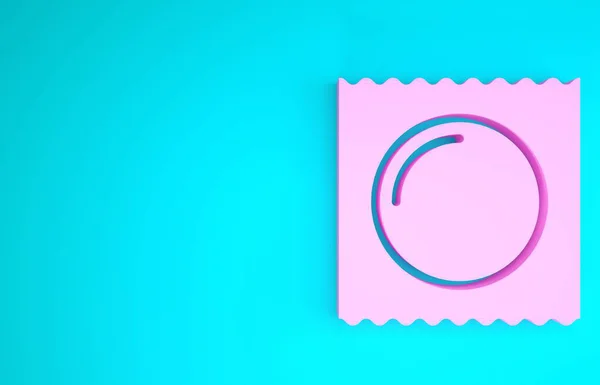 Preservativo rosa no ícone de sexo seguro do pacote isolado no fundo azul. Símbolo de amor seguro. Método contraceptivo para homens. Conceito de minimalismo. 3D ilustração 3D render — Fotografia de Stock