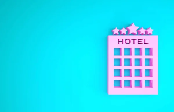 Pink Hotel κτίριο εικονίδιο απομονώνονται σε μπλε φόντο. Μινιμαλιστική έννοια. 3D απεικόνιση 3d καθιστούν — Φωτογραφία Αρχείου