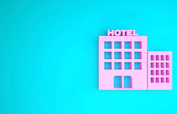 Rosa Hotelbau-Symbol isoliert auf blauem Hintergrund. Minimalismus-Konzept. 3D Illustration 3D Renderer — Stockfoto