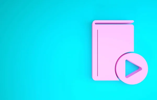 Pink Audio book icon isolated on blue background. Play button and book. Audio guide sign. Online learning concept. Minimalism concept. 3d illustration 3D render