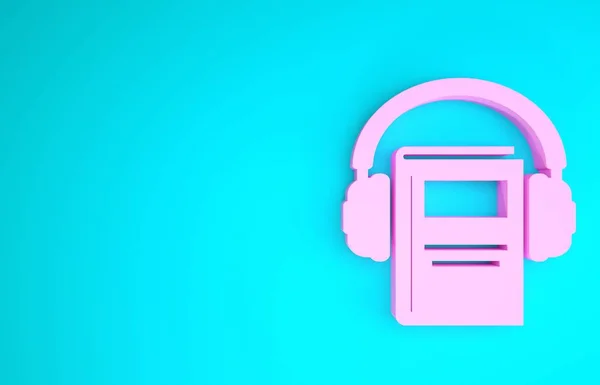 Pink Audio book icon isolated on blue background. Book with headphones. Audio guide sign. Online learning concept. Minimalism concept. 3d illustration 3D render