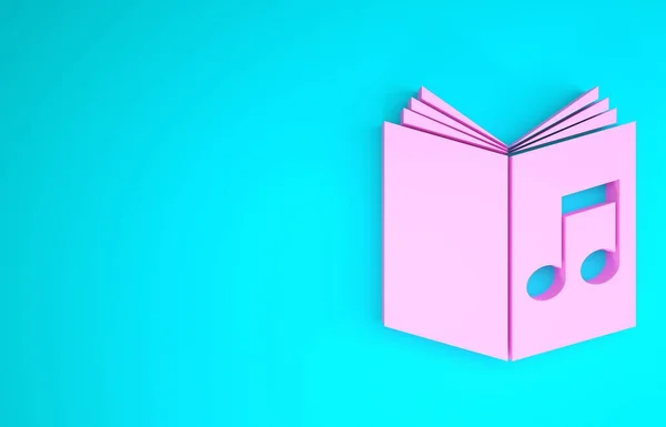 Pink Audio book icon isolated on blue background. Musical note with book. Audio guide sign. Online learning concept. Minimalism concept. 3d illustration 3D render