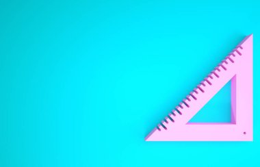Pembe üçgen cetvel simgesi mavi arkaplanda izole edilmiş. Düz sembol. Geometrik sembol. Minimalizm kavramı. 3d illüstrasyon 3B canlandırma