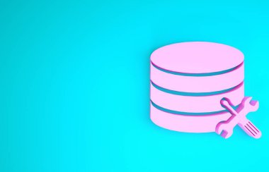 Mavi arkaplanda izole edilmiş, tornavida ve anahtar simgesi olan Pembe Veritabanı sunucusu. Ayarlama, servis, ayar, bakım, onarım, onarım. Minimalizm kavramı. 3d illüstrasyon 3d canlandırma