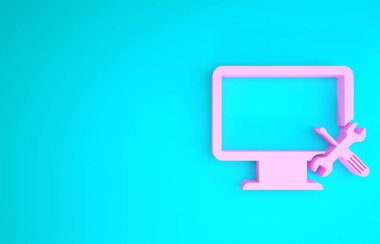 Mavi arkaplanda izole edilmiş tornavida ve anahtar ikonlu pembe bilgisayar monitörü. Ayarlama, servis, ayar, bakım, onarım, onarım. Minimalizm kavramı. 3d illüstrasyon 3d canlandırma