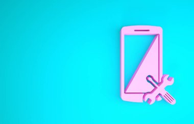 Mavi arka planda izole edilmiş, tornavida ve anahtar ikonlu pembe akıllı telefon. Ayarlama, servis, ayar, bakım, onarım, onarım. Minimalizm kavramı. 3d illüstrasyon 3d canlandırma