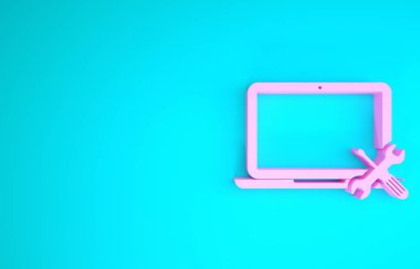 Mavi arkaplanda izole edilmiş tornavida ve anahtar ikonlu pembe dizüstü bilgisayar. Ayarlama, servis, ayar, bakım, onarım, onarım. Minimalizm kavramı. 3d illüstrasyon 3d canlandırma