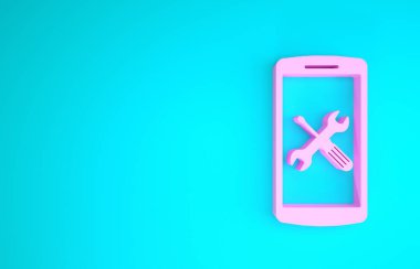 Mavi arka planda izole edilmiş, tornavida ve anahtar ikonlu pembe akıllı telefon. Ayarlama, servis, ayar, bakım, onarım, onarım. Minimalizm kavramı. 3d illüstrasyon 3d canlandırma