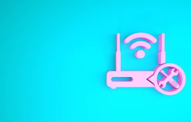 Mavi arka planda izole edilmiş, tornavida ve anahtar ikonlu Pembe Yönlendirici kablosuz ağ. Ayarlama, servis, ayar, bakım, onarım, onarım. Minimalizm kavramı. 3d illüstrasyon 3d canlandırma
