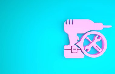 Mavi arka planda izole edilmiş tornavida ve anahtar ikonlu pembe matkap makinesi. Ayarlama, servis, ayar, bakım, onarım, onarım. Minimalizm kavramı. 3d illüstrasyon 3d canlandırma