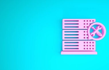 Mavi arkaplanda izole edilmiş, tornavida ve anahtar simgesi olan Pembe Veritabanı sunucusu. Ayarlama, servis, ayar, bakım, onarım, onarım. Minimalizm kavramı. 3d illüstrasyon 3d canlandırma