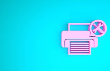 Mavi arkaplanda izole edilmiş, tornavida ve anahtar ikonlu pembe yazıcı. Ayarlama, servis, ayar, bakım, onarım, onarım. Minimalizm kavramı. 3d illüstrasyon 3d canlandırma