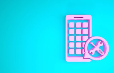 Mavi arkaplanda izole edilmiş, tornavida ve anahtar ikonlu pembe mobil uygulamalar. Ayarlama, servis, ayar, bakım, onarım, onarım. Minimalizm kavramı. 3d illüstrasyon 3d canlandırma