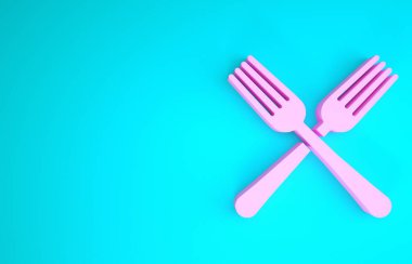 Pembe Çapraz Çatal simgesi mavi arkaplanda izole edilmiş. Çatal bıçak sembolü. Minimalizm kavramı. 3d illüstrasyon 3d canlandırma