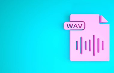 Pembe Wav dosya dökümanı. Mavi arkaplanda wav düğmesi simgesi indir. Dijital ses riff dosyaları için Wav dalga biçimi ses dosyası biçimi. Minimalizm kavramı. 3d illüstrasyon 3d canlandırma
