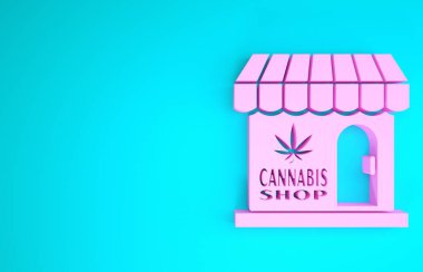 Mavi arka planda pembe marihuana ve kenevir dükkanı ikonu var. Sigara içmek, tıbbi esrar depolamak için ekipman ve aksesuarlar. Minimalizm kavramı. 3d illüstrasyon 3d canlandırma