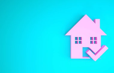 Mavi arkaplanda işaret simgesi olan Pembe Ev. Emlakçı ya da köy elit sınıfı. Minimalizm kavramı. 3d illüstrasyon 3d canlandırma