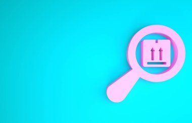 Pembe Arama paket simgesi mavi arkaplanda izole edildi. Paket izleme sembolü. Büyüteç ve karton kutu. Lojistik ve teslimat. Minimalizm kavramı. 3d illüstrasyon 3d canlandırma