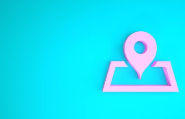 Harita kağıdındaki pembe yer tutucu mavi arkaplanda izole edilmiş perspektif simgesi. Minimalizm kavramı. 3d illüstrasyon 3d canlandırma