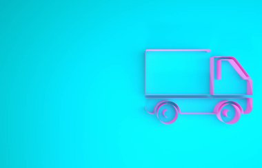 Pembe kargo kamyonu ikonu mavi arka planda izole edildi. Minimalizm kavramı. 3d illüstrasyon 3B canlandırma