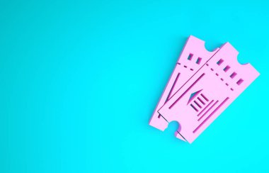 Pembe müze bileti ikonu mavi arka planda izole edilmiş. Tarih müzesi bileti etkinliği sergi gezisini kabul ediyor. Minimalizm kavramı. 3d illüstrasyon 3d canlandırma