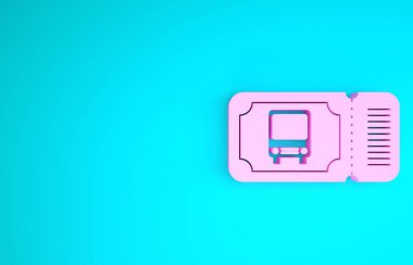 Pembe otobüs bileti ikonu mavi arka planda izole edildi. Toplu taşıma bileti. Minimalizm kavramı. 3d illüstrasyon 3d canlandırma