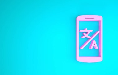 Pembe Çevrimiçi çeviri simgesi mavi arkaplanda izole edildi. Sohbet balonunda yabancı dil konuşma simgeleri. Çeviri konsepti. Minimalizm kavramı. 3d illüstrasyon 3d canlandırma