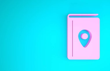 Pembe Kapak kitabı seyahat rehberi simgesi mavi arkaplanda izole edilmiş. Minimalizm kavramı. 3d illüstrasyon 3d canlandırma