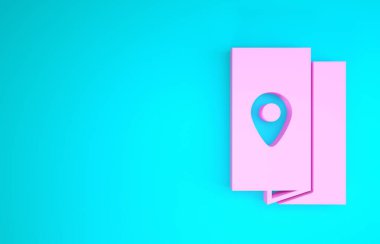 Pembe Kapak kitabı seyahat rehberi simgesi mavi arkaplanda izole edilmiş. Minimalizm kavramı. 3d illüstrasyon 3d canlandırma