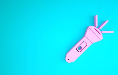 Mavi arkaplanda pembe el feneri simgesi izole edildi. Minimalizm kavramı. 3d illüstrasyon 3B canlandırma