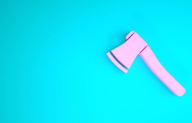 Mavi arkaplanda izole edilmiş pembe tahta balta simgesi. Oduncu baltası. Minimalizm kavramı. 3d illüstrasyon 3B canlandırma