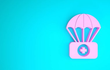 Mavi arka planda izole edilmiş ilk yardım seti simgesi olan pembe paraşüt. Sağlık sigortası. Minimalizm kavramı. 3d illüstrasyon 3d canlandırma