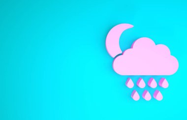 Pembe Bulut, yağmur ve mavi arka planda izole edilmiş ay ikonu. Yağmur damlaları ile yağmur bulutu yağışı. Minimalizm kavramı. 3d illüstrasyon 3d canlandırma