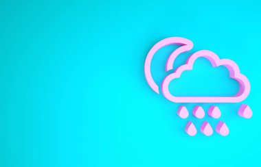 Pembe Bulut, yağmur ve mavi arka planda izole edilmiş ay ikonu. Yağmur damlaları ile yağmur bulutu yağışı. Minimalizm kavramı. 3d illüstrasyon 3d canlandırma