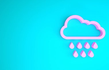 Pembe Bulut mavi arka planda izole edilmiş yağmur ikonu. Yağmur damlaları ile yağmur bulutu yağışı. Minimalizm kavramı. 3d illüstrasyon 3d canlandırma