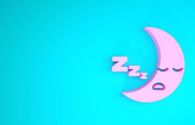 Mavi arkaplanda Pembe Ay simgesi izole edildi. Bulutlu gece işareti. Uyku rüyalarının sembolü. Gece ya da yatak zamanı tabelası. Minimalizm kavramı. 3d illüstrasyon 3d canlandırma