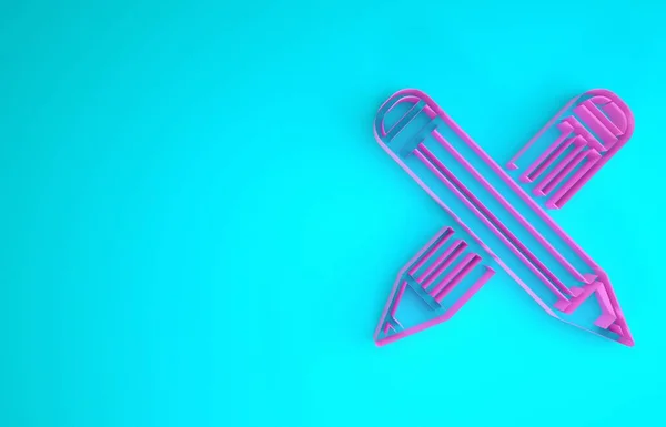 Pink Crossed pencil icon isolated on blue background. Education sign. Drawing and educational tools. School office symbol. Minimalism concept. 3d illustration 3D render