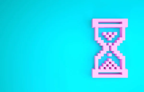 Pixel de ampulheta rosa com ícone de areia fluente isolado no fundo azul. Sinal do relógio de areia. Conceito de gestão de negócios e tempo. Conceito de minimalismo. 3D ilustração 3D render — Fotografia de Stock