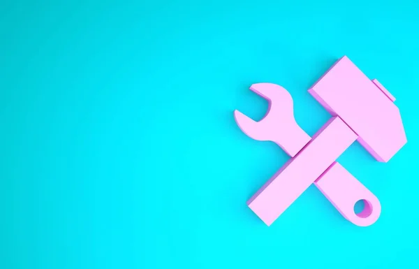 Pink Crossed hammer and wrench icon isolated on blue background. Hardware tools. Minimalism concept. 3d illustration 3D render