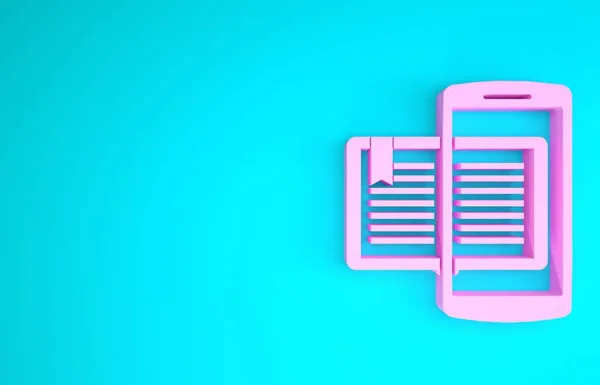 Rosa Smartphone och boka ikon isolerad på blå bakgrund. Nätbaserad inlärning eller e-lärande. Minimalistiskt koncept. 3D-illustration 3D-återgivning — Stockfoto